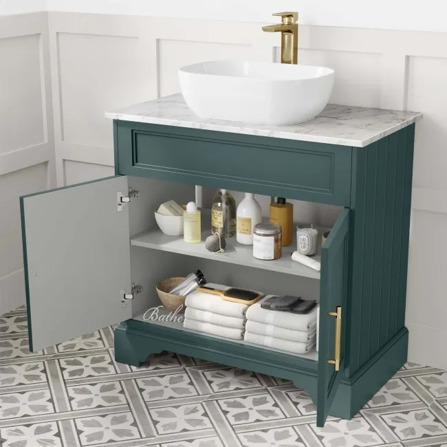 Lucia Midnight Green Vanity with Marble Top & Curved Counter Top Basin 840mm - Brass Knurled Handles