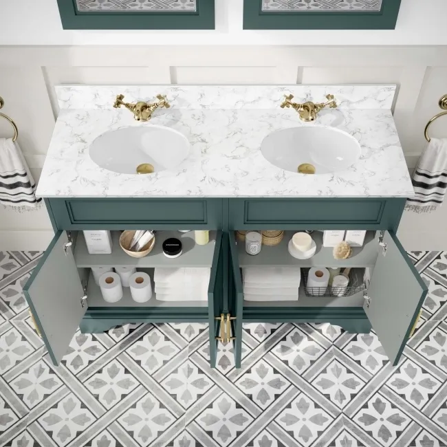 Lucia Midnight Green Double Vanity with Marble Top & Undermount Basins 1200mm - Brass Knurled Handles