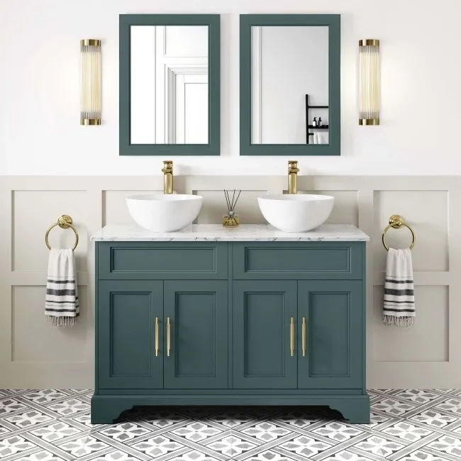 Lucia Midnight Green Double Vanity with Marble Top & Round Counter Top Basin 1200mm - Brass Knurled Handles