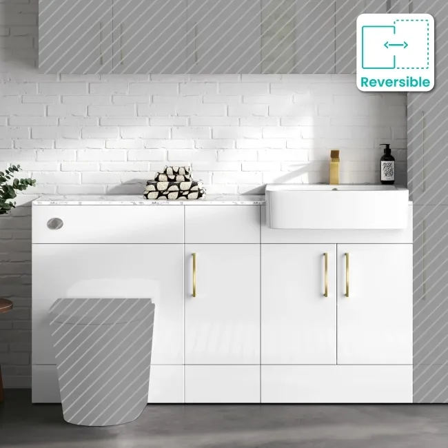 Harper Gloss White Combination Vanity Basin with Marble Top 1500mm (Excludes Toilet) - Brushed Brass Accents