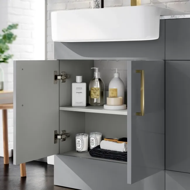 Harper Stone Grey Basin Vanity with Marble Top & Back To Wall Unit 1200mm (Excludes Toilet) - Brushed Brass Accents