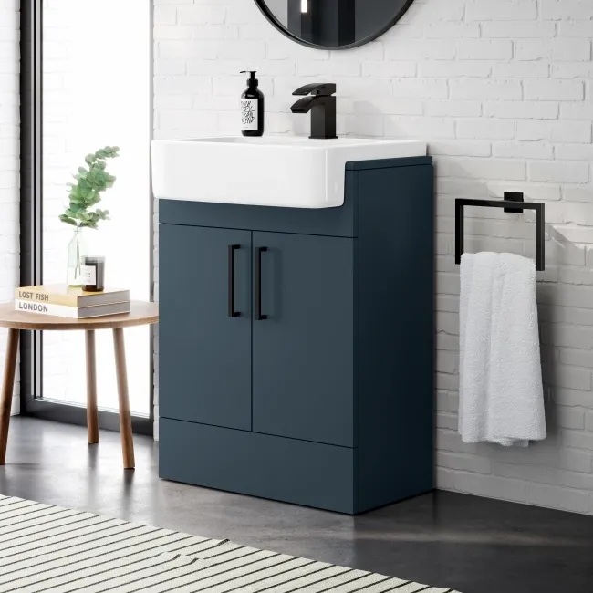 Harper Navy Blue Vanity with Semi Recessed Basin 600mm - Black Accents