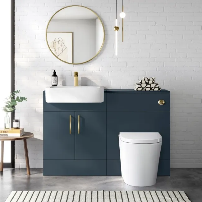 Harper Navy Blue Vanity with Semi Recessed Basin 600mm - Brushed Brass Accents