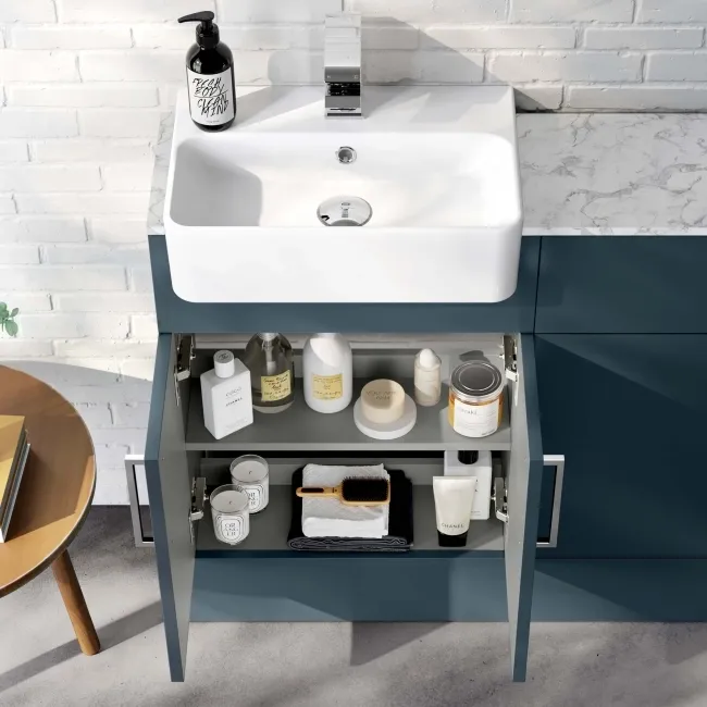 Harper Navy Blue Basin Vanity with Marble Top & Back To Wall Unit 1000mm - Excludes Toilet