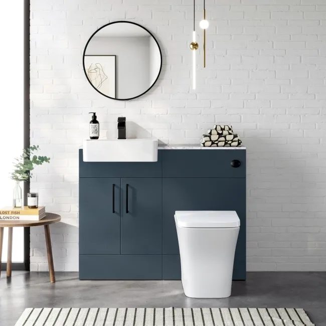 Harper Navy Blue Combination Vanity Basin with Marble Top & Houston Toilet 1000mm - Black Accents