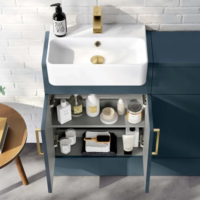 Harper Navy Blue Vanity with Semi Recessed Basin 500mm - Brushed Brass Accents