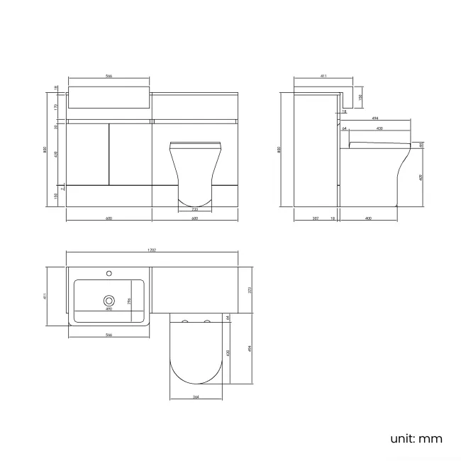 Foster Tungsten Grey Combination Vanity Basin and Tucson Toilet 1200mm - Left Handed