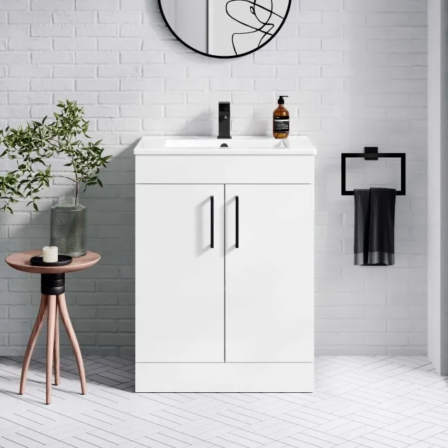 Mersey Gloss White Basin Vanity 600mm - Black Accents