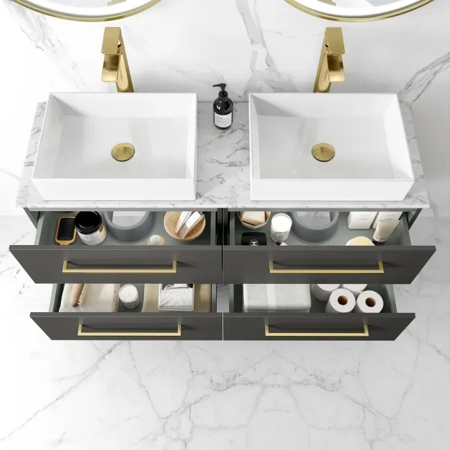 Elba Graphite Grey Double Wall Hung Drawer Vanity with Marble Top & Cody Basin 1200mm - Brushed Brass Accents