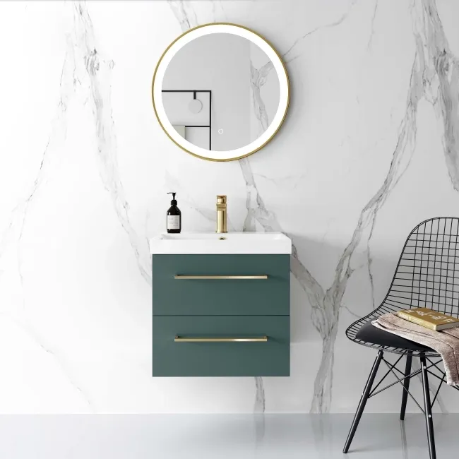 Elba Midnight Green Wall Hung Basin Drawer Vanity 500mm - Brushed Brass Accents