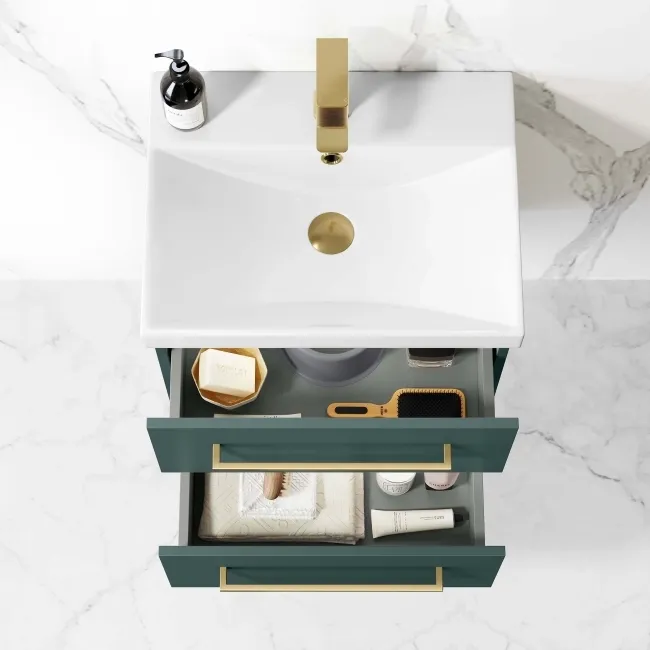 Elba Midnight Green Wall Hung Basin Drawer Vanity 500mm - Brushed Brass Accents