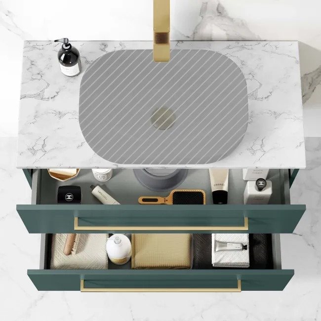Elba Midnight Green Wall Hung Drawer Vanity 800mm (Excludes Counter Top Basin) - Brushed Brass Accents