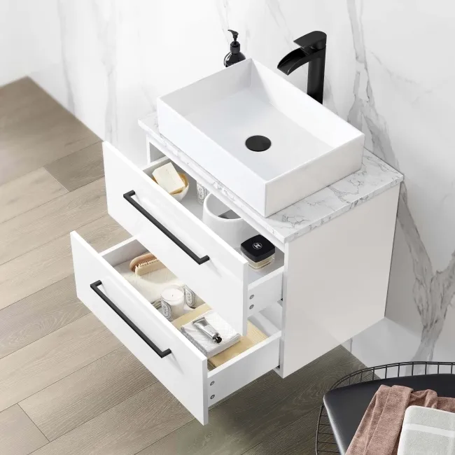 Elba Gloss White Wall Hung Drawer Vanity with Marble Top & Cody Basin 600mm - Black Accents