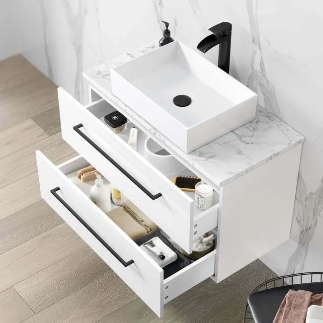 Elba Gloss White Wall Hung Drawer Vanity with Marble Top & Cody Basin 800mm - Black Accents