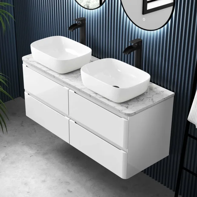 Corsica Gloss White Wall Hung Drawer Vanity with Marble Top & Curved Counter Top Basin 1200mm