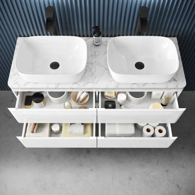 Corsica Gloss White Wall Hung Drawer Vanity with Marble Top & Curved Counter Top Basin 1200mm