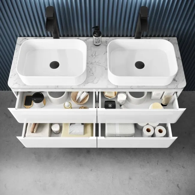 Corsica Gloss White Wall Hung Drawer Vanity with Marble Top & Marin Basin 1200mm