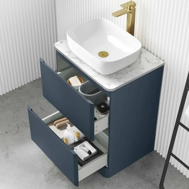 Corsica Inky Blue Vanity Drawer with Marble Top & Curved Counter Top Basin 600mm