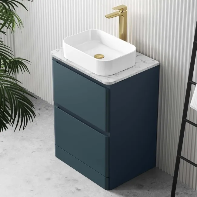 Corsica Inky Blue Vanity Drawer with Marble Top & Marin Basin 600mm