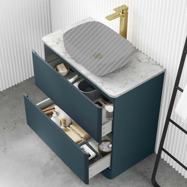 Corsica Inky Blue Drawer Vanity with Marble Top 800mm - Excludes Counter Top Basin