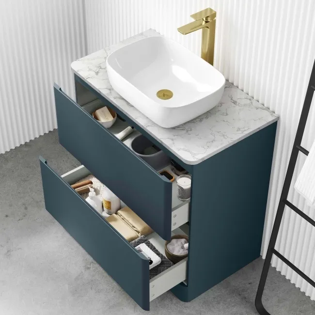 Corsica Inky Blue Vanity Drawer with Marble Top & Curved Counter Top Basin 800mm