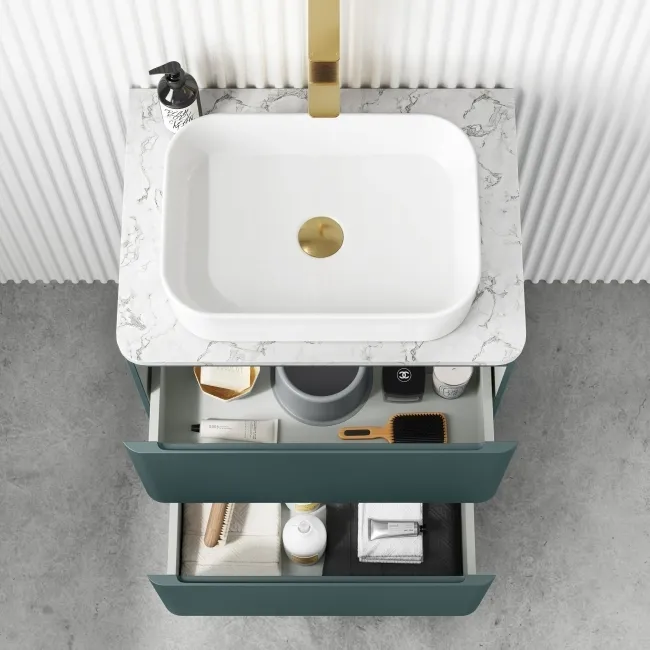Corsica Midnight Green Vanity Drawer with Marble Top & Marin Basin 600mm