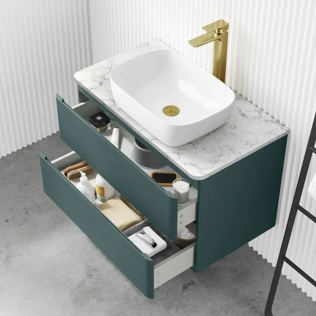 Corsica Midnight Green Wall Hung Drawer Vanity with Marble Top & Curved Counter Top Basin 800mm