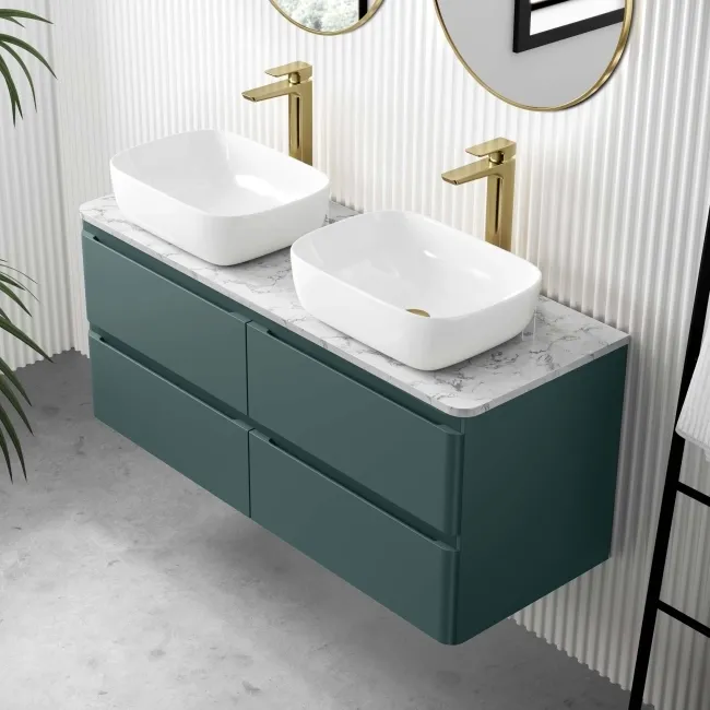 Corsica Midnight Green Wall Hung Drawer Vanity with Marble Top & Curved Counter Top Basin 1200mm
