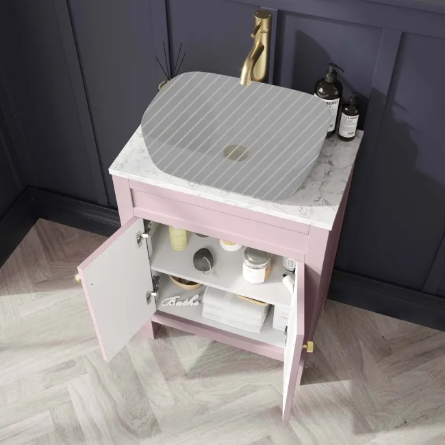 Bermuda Cashmere Pink Cabinet with Marble Top 600mm (Excludes Counter Top Basin) - Brushed Brass Accents