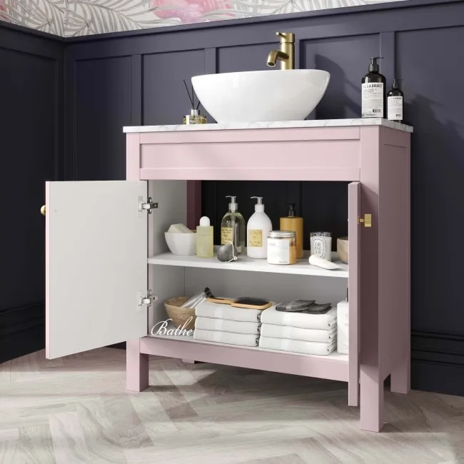 Bermuda Cashmere Pink Vanity with Marble Top & Oval Counter Top Basin 800mm - Brushed Brass Accents