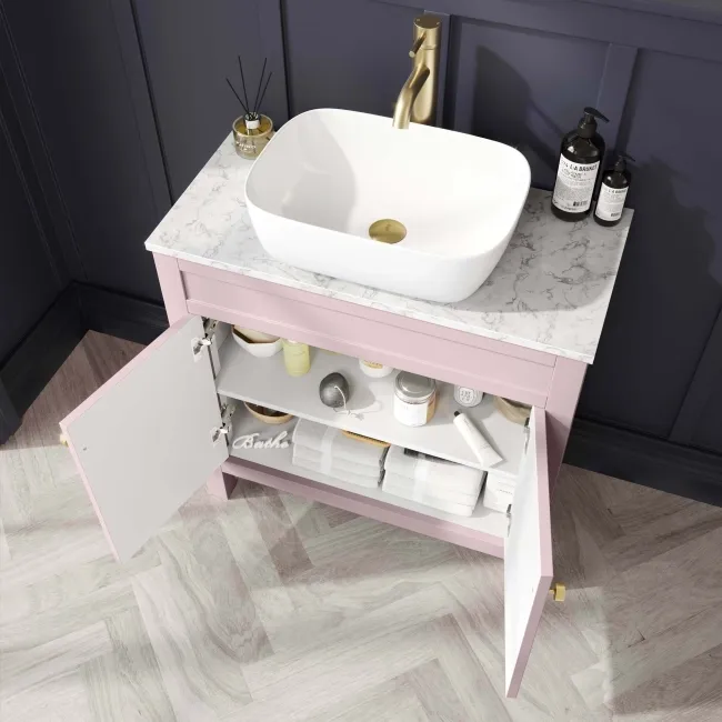 Bermuda Cashmere Pink Vanity with Marble Top & Curved Counter Top Basin 800mm - Brushed Brass Accents