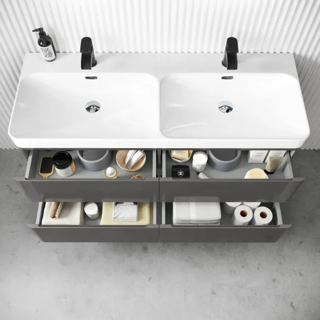 Corsica Tungsten Grey Wall Hung Double Basin Drawer Vanity 1200mm