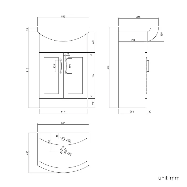 Capri Cotton White Vanity with Semi Recessed Basin 550mm - Traditional Handles