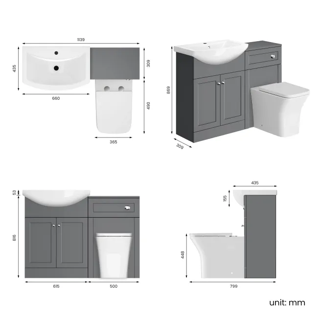 Capri Fog Grey Combination Vanity Basin and Houston Toilet 1150mm - Chrome Handles