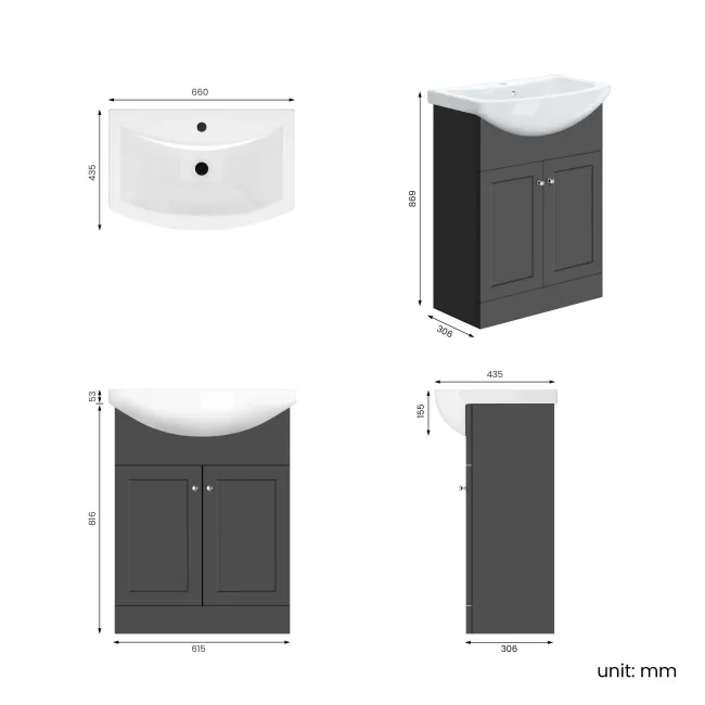 Capri Slate Grey Vanity with Semi Recessed Basin 650mm - Brushed Handles