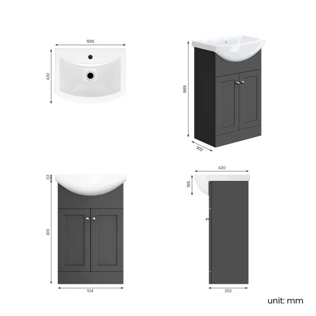 Capri Slate Grey Vanity with Semi Recessed Basin 550mm - Chrome Handles