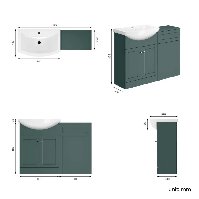 Capri Mystic Green Basin Vanity and Back To Wall Unit 1150mm (Excludes Toilet) - Chrome Handles