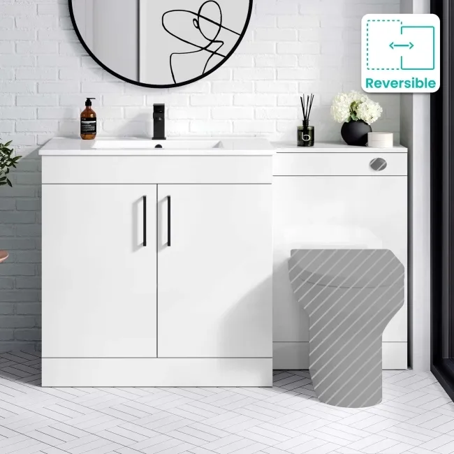 Mersey Gloss White Basin Vanity and Back To Wall Unit 1300mm (Excludes Toilet) - Black Accents