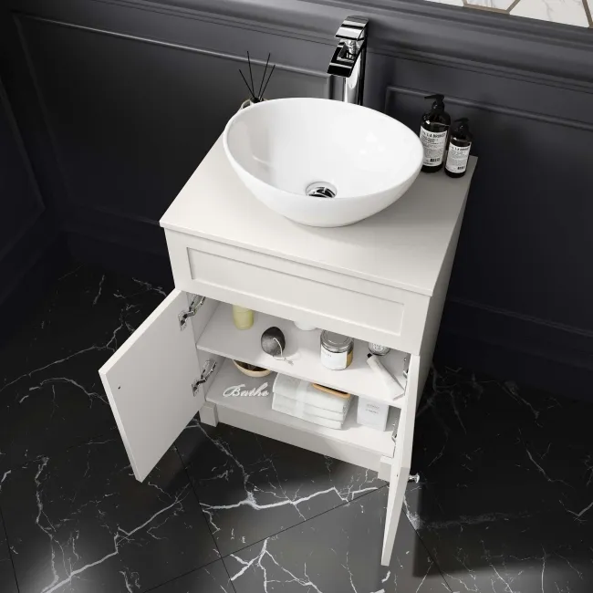 Milos Cotton White Vanity with Oval Basin 600mm - Chrome Handles