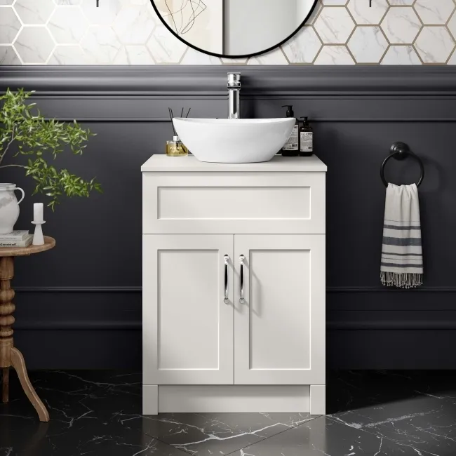 Milos Cotton White Vanity with Oval Basin 600mm - Traditional Handles