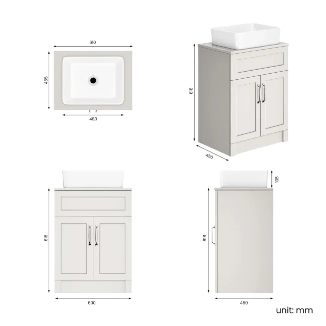 Milos Cotton White Vanity with Troy Basin 600mm - Traditional Handles