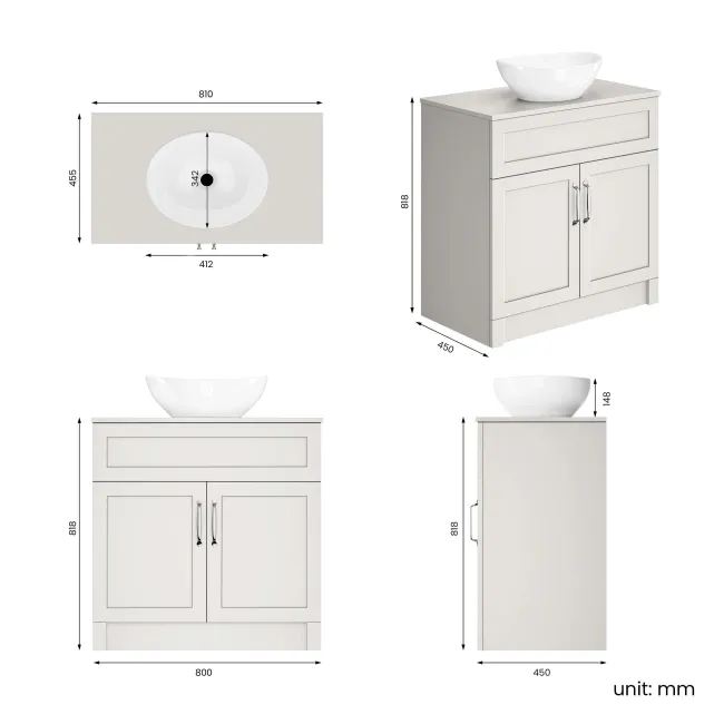 Milos Cotton White Vanity with Oval Basin 800mm - Traditional Handles
