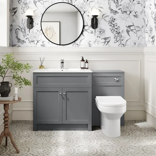 Milos Fog Grey Combination Vanity Basin and Denver Toilet 1300mm - Chrome Handles