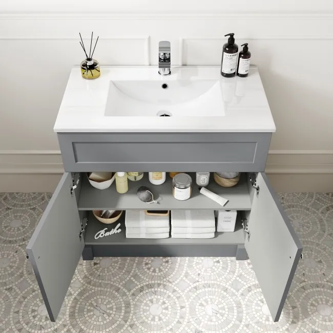 Milos Fog Grey Combination Vanity Basin and Denver Toilet 1300mm - Chrome Handles