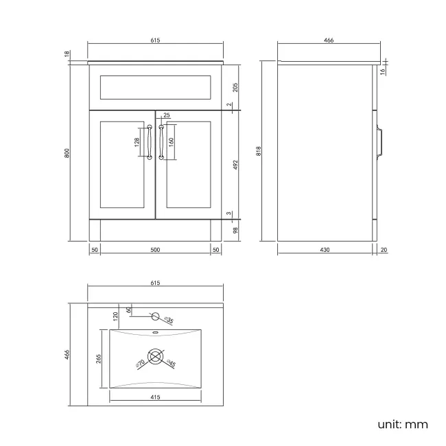 Milos Fog Grey Basin Vanity 600mm - Traditional Handles