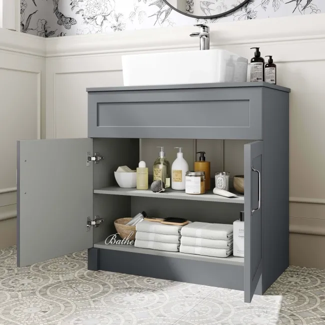 Milos Fog Grey Vanity with Troy Basin 800mm - Traditional Handles