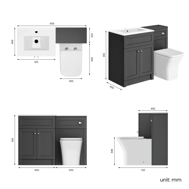 Milos Slate Grey Combination Vanity Basin and Houston Toilet 1100mm - Chrome Handles