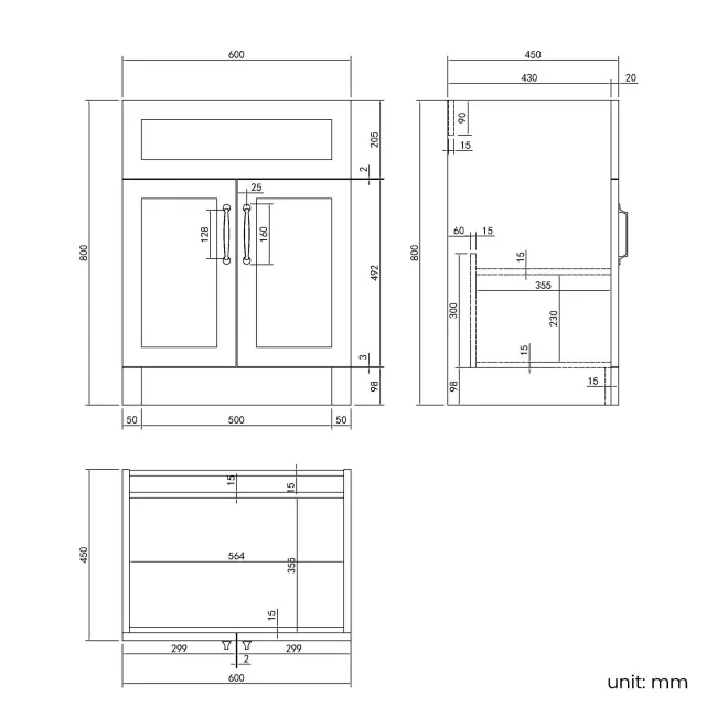 Milos Slate Grey Basin Vanity 600mm - Traditional Handles