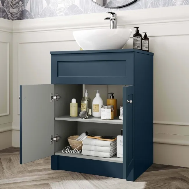 Milos Navy Blue Vanity with Oval Basin 600mm - Brushed Handles