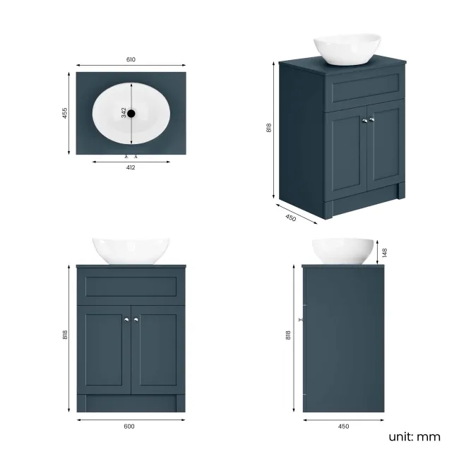 Milos Navy Blue Vanity with Oval Basin 600mm - Chrome Handles